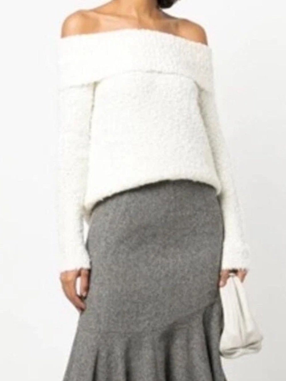 cinq a sept NWT Leya Sweater Ivory Off-the-Shoulder Bouclé Sweater L Luxury Cozy